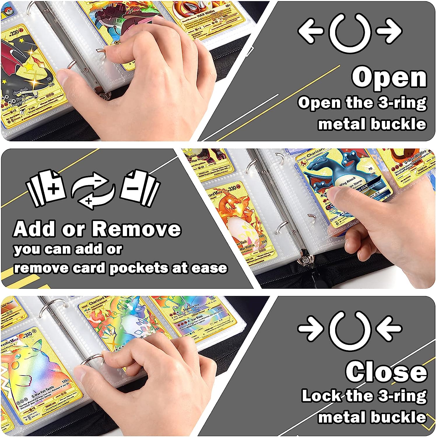 Black Card Binders for Pokemon Cards 4 Pocket - Hold 504 Game Cards with 63 Sleeves, Trading Card Collection Zipper Binder Holder for Kids Gifts - Image 4
